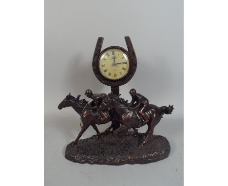 A Figural Bronze Effect Mantle Clock on A Horse Racing Theme.