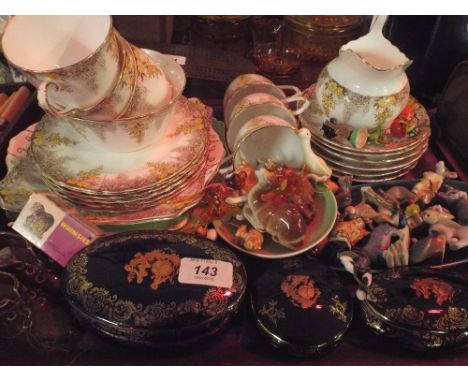 A Tray Containing Floral Pattern Tea Wares, Wade  Whimseys Including Lady and The Tramp Figures, Trinket Boxes Etc.