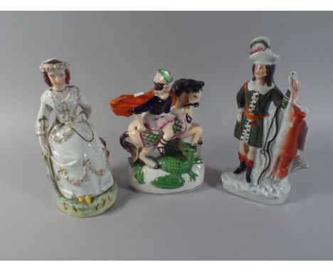 A Collection of Three Staffordshire Figures Including St George, Queen and Huntsman.