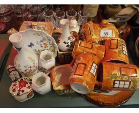 A Tray Containing Cottage Ware Teapot Tea Cups Saucers and Plates, Aynsley China, Novelty Teapot Etc. 