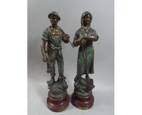 A Pair of Spelter French Figures Le Mineur and La Hiercheuse. 
