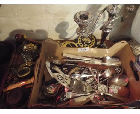 A Tray Containing Silver Plated Cutlery, Brass Ware, Scale Weights Etc. 