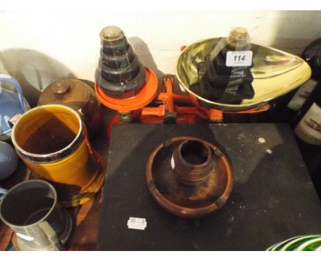 A Tray Containing Kitchen Scales, Cash Box, Match Striker from H.M.S Warspite, Tankards Etc.