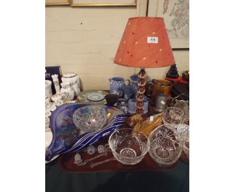 A Tray Containing Large Blue  Glass Bowl, Cut Glass Bowls, Pink Glass Table Lamp Etc.