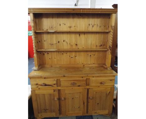 A Pine Kitchen Dresser with Three Drawers to Base, Barley Twist Supports and Two Shelf Plate Rack.