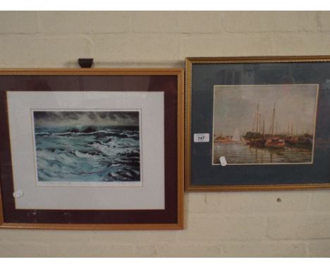 Two Framed Prints Fishing Barges and Seascape.