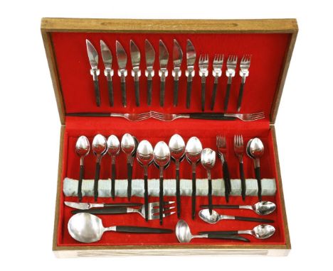 A 'Ron Fil' stainless steel and black-handled cutlery set, and three Stanley Robertson servers and a ladle (qty.)