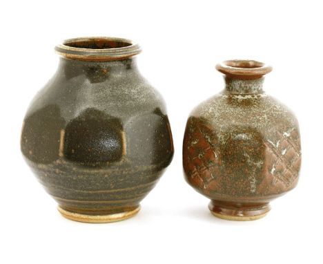 *John Leach (b.1939),two glazed Muchelney Pottery vases, each of octagonal form, one with incised details, dated 'MM' and '03
