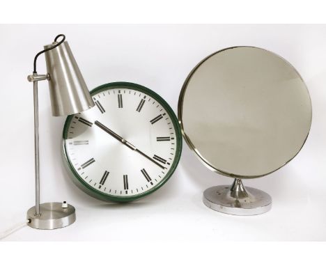 A Durlston Design chrome mirror,45cm high,a table lamp,47cm high, anda wall clock,33cm diameter (3)