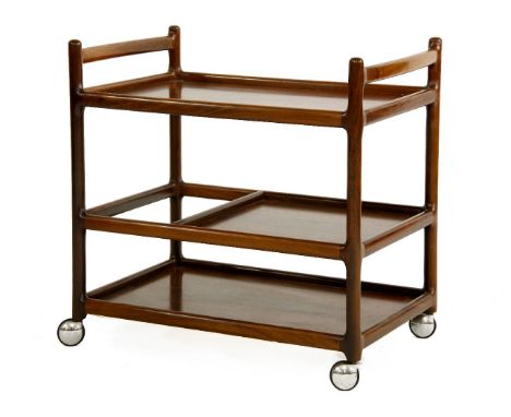 A Danish rosewood drinks trolley, § designed by Johannes Anderson for CF Christensen Silkeborg, on castors, with a button lab