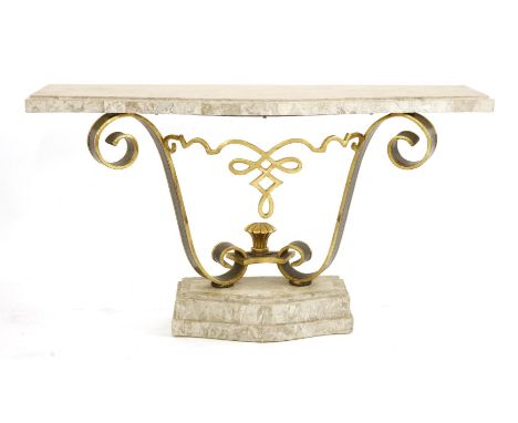 A marble and metal console table, 20th century, the serpentine top overpainted and with gilt supports, 140cm wide 39cm deep 7