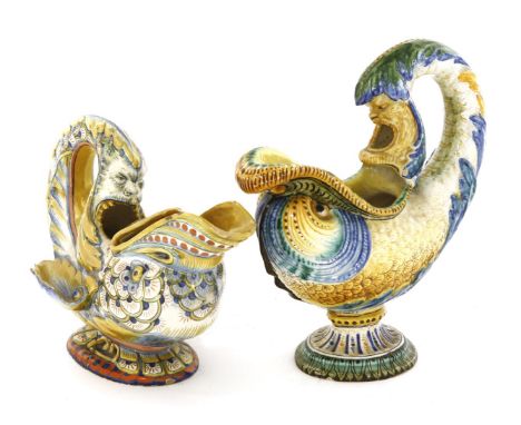 Two Cantagalli maiolica pottery dolphin ewers,the first in the Gubbio lustre style, restored plinth, inscribed '11' and with 