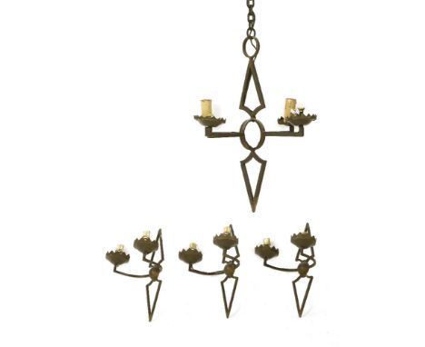 A wrought iron four-light chandelier,attributed to Agostini, 50cm diameter59cm high,with three twin-branch wall lights,27.5cm