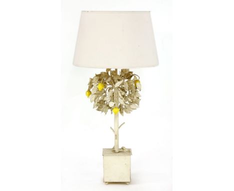 A painted metal table lamp,in the form of a lemon tree, a later shade,76cm high overall