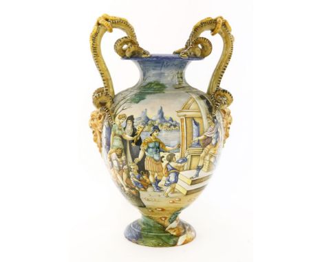 A Cantagalli maiolica pottery twin-handled vase,in the Urbino style, painted with figures presenting gifts to a king in an ex