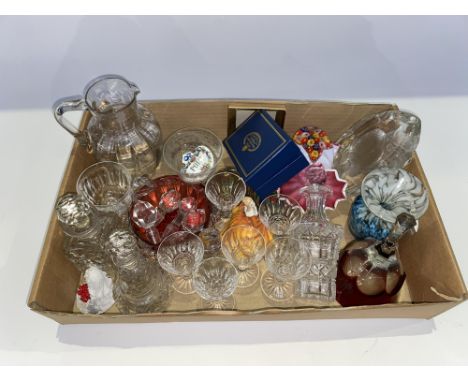 A box of clear and coloured cut glassware, Millefiori style paperweight, art glass vase, a Halcyon Days enamelled trinket box