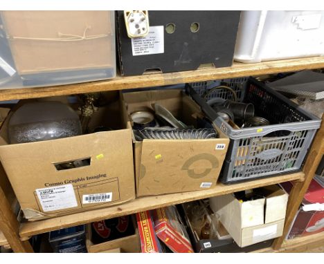 Shelf of assorted, EPNS, glassware etc.