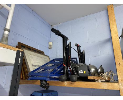 Shelf of assorted including pictures and car ramps
