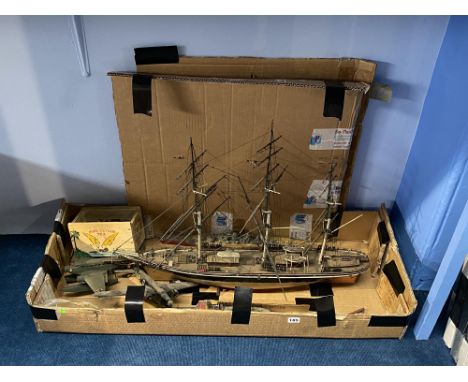 A scratch built three masted boat with rigging, 75cm L and various other kit built models and draughts and dominos