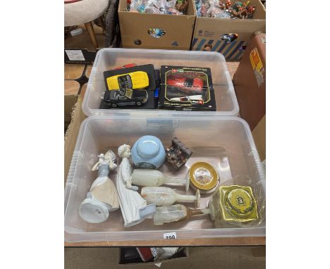 Two boxes of assorted diecast model toy cars and Nao etc.