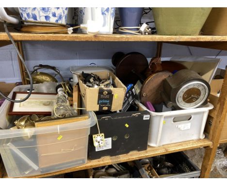 Shelf of assorted brassware, bread bin, costume watches etc.