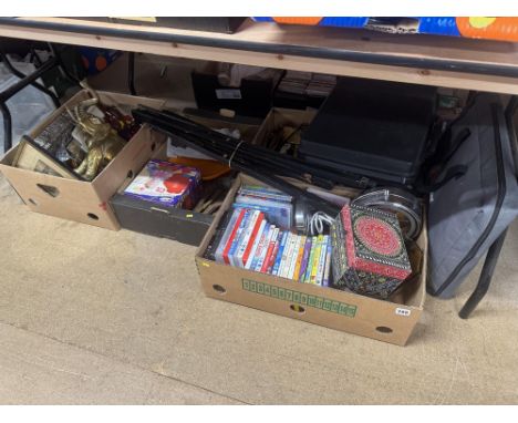 Four boxes of assorted including DVDs, brassware and tools
