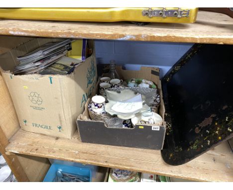 Shelf of assorted including part tea set and a lacquer tray