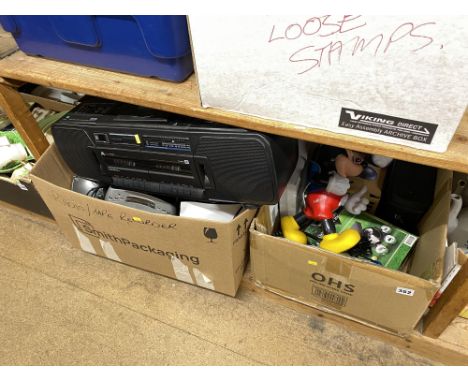 Shelf of radios, assorted and a cassette player etc