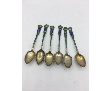 Six enamel on silver teaspoons