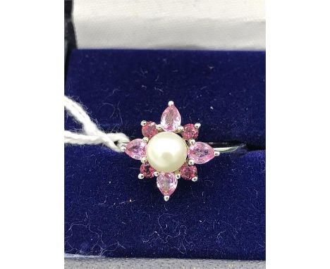 9ct white gold, pink sapphire, garnet and pearl cluster ring.