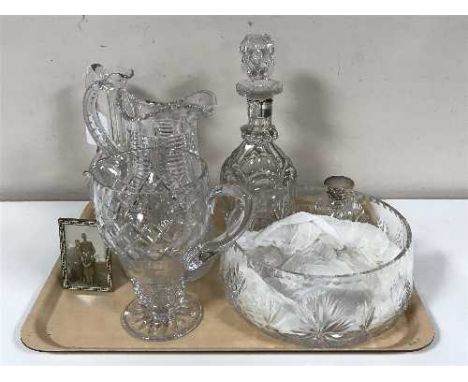 A Georgian crystal decanter, a Victorian pitcher, crystal bowl, silver topped dressing table flask 