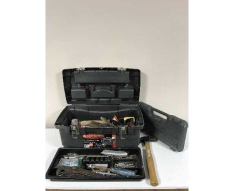 A basket and tool box of assorted hand tools, power tools etc together with a set of vintage scales and weights