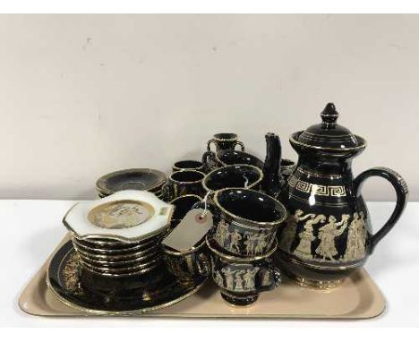 A tray of Greek ceramic black and gilt service, Art of Chokin wall plate - Japanese warrior and tiger