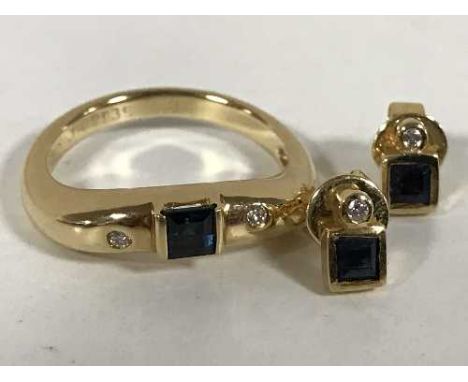 An 18ct gold sapphire and diamond set ring, together with a matching pair of sapphire and diamond earrings (3)