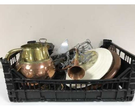 Two crates of 20th century glass ware, metal animals, mantel clock, bugle, wall clocks etc 