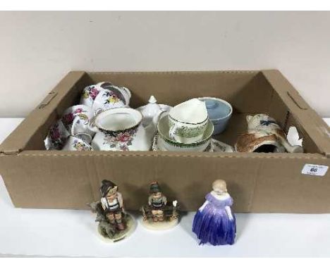 Three boxes of assorted china inc. part tea services, Hummel figures, posies, Ducal jug etc 