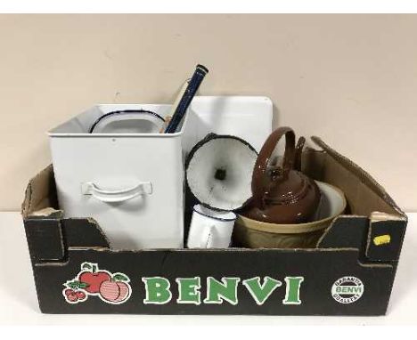 A box of enamelled kitchenalia, mixing bowl, rolling pin etc 