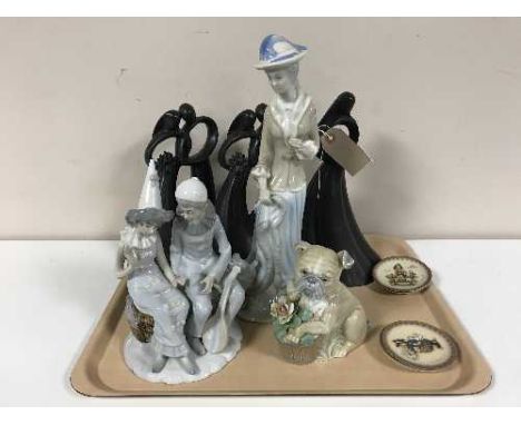 A tray of four Hummel pin dishes, Spanish figures, three circle of love figures 