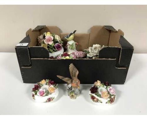 Three boxes of china flower posies, Goss pieces, part Minton tea service, thimbles etc 