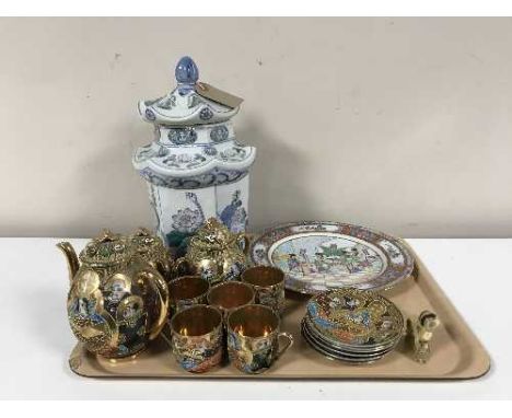 A tray of hand painted Chinese wall plate and Oriental style lidded jar in form of a pagoda and Japanese eggshell tea service
