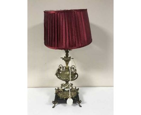 A French gilt decorative table lamp on marble base with shade 