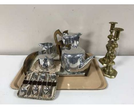 A five piece Picquot tea service and tray together with a pair of brass candlesticks and set of cased EPNS spoons