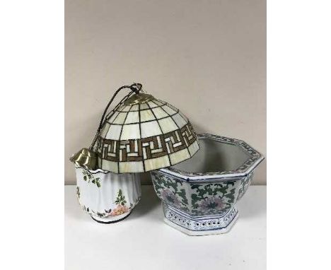 Two pottery jardinieres with stands and a Tiffany style light shade 