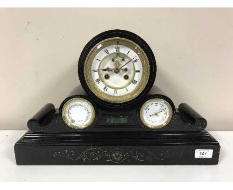 A Victorian black slate mantel clock with enamelled dial thermometer & barometer apertures 