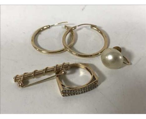 A 9ct gold ring, pair of 9ct gold earrings, off 9ct gold earring with pearl and gold filled bar brooch 