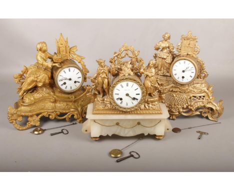 Three gilt metal mantle clocks, one on alabaster base with Leroy A Paris stamped to dial.  One clock badly damaged.