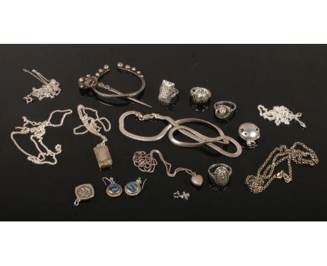 A box of silver jewellery, earrings, pendants, torque brooch, abalone shell pieces and a marcasite ring etc, 87.2 grams gross