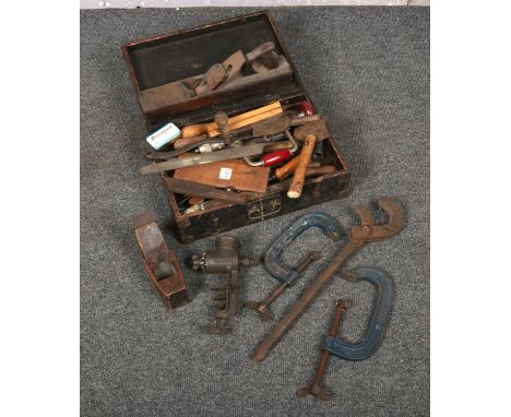 A wooden box and contents of vintage hand tools.  