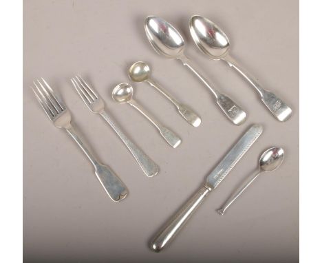 A quantity of silver flat wares to include spoons, fork, knife etc, various hallmarks. 250g.  