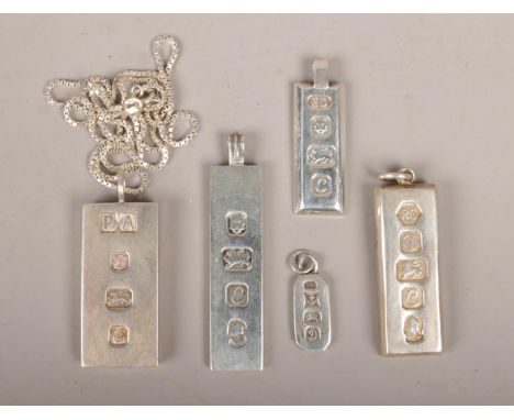 Five silver hallmarked ingot pendants.  